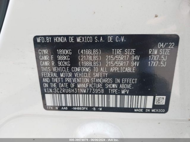 3CZRU6H31NM773958 Honda Hr-v Awd Lx