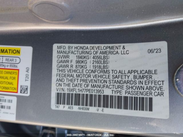 19XFL1H77PE013953 Honda Civic Ex-l /ex-l W/o Bsi