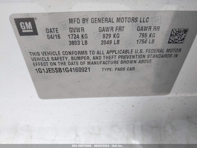 Chevrolet Sonic Ltz Auto 2016 1G1JE5SB1G4160921 Image 9