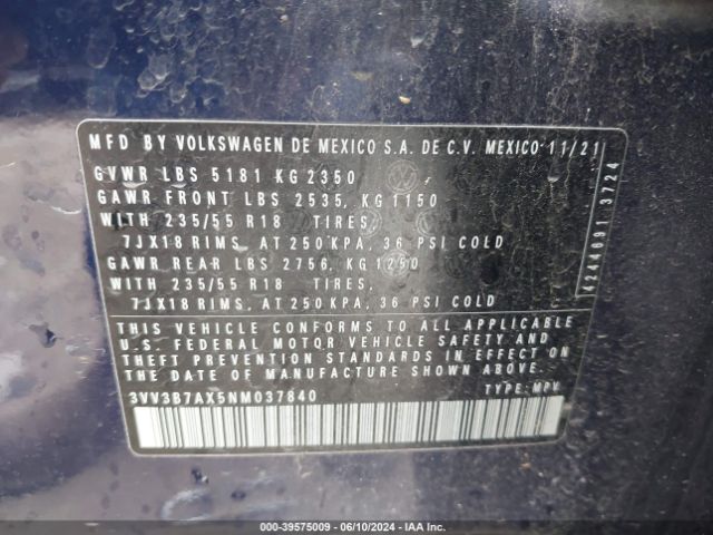 3VV3B7AX5NM037840 Volkswagen Tiguan 2.0t Se