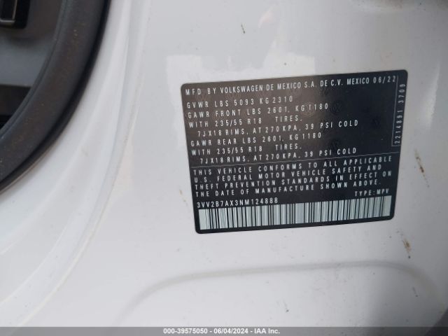 3VV2B7AX3NM124888 Volkswagen Tiguan 2.0t Se