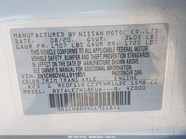 Nissan Versa S Xtronic Cvt 2020 3N1CN8DV4LL911851 Image 9