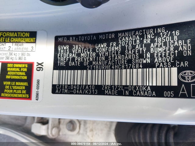 Toyota COROLLA L 2017 2T1BURHE4HC817684 Image 9