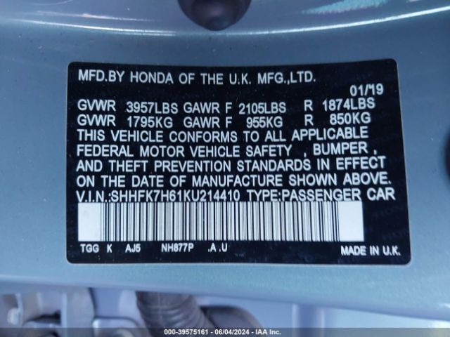 SHHFK7H61KU214410 Honda CIVIC EX