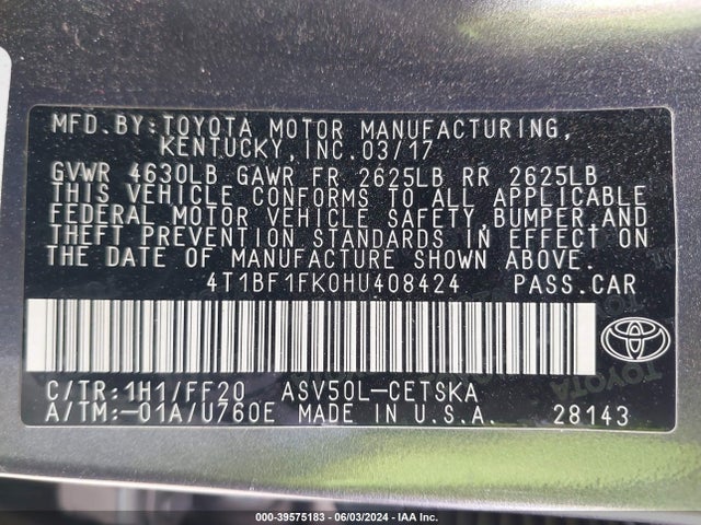 Toyota CAMRY SE 2017 4T1BF1FK0HU408424 Image 9