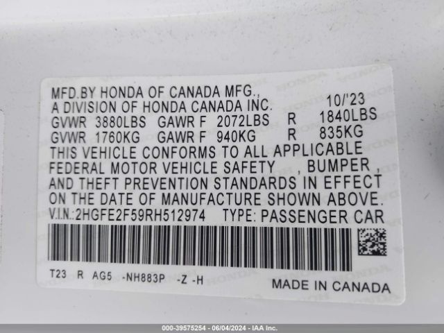 2HGFE2F59RH512974 Honda Civic Sport