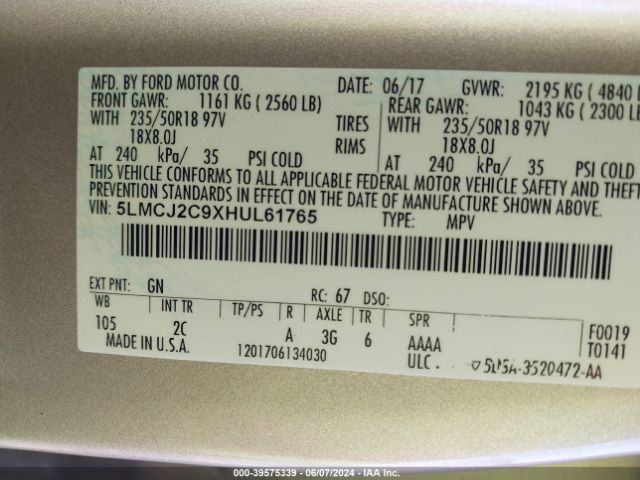 5LMCJ2C9XHUL61765 Lincoln MKC SELECT