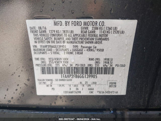 Ford Taurus Limited 2016 1FAHP2F86GG139905 Image 9