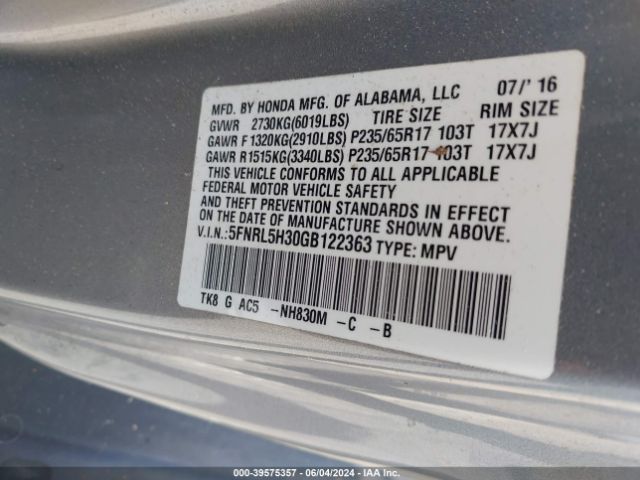 5FNRL5H30GB122363 Honda ODYSSEY SE