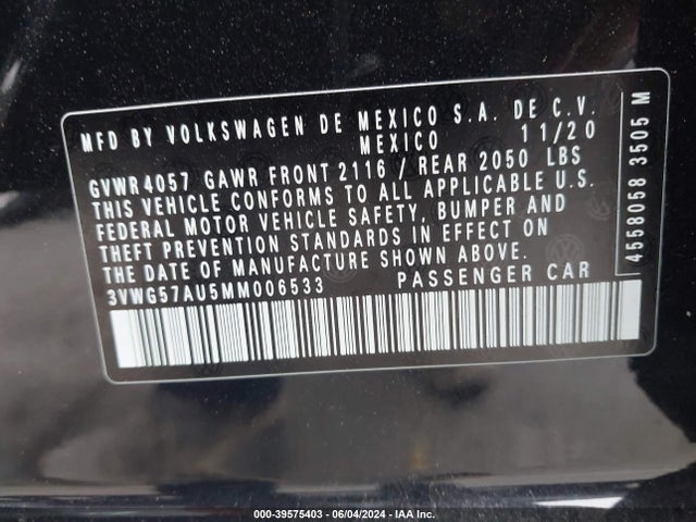 3VWG57AU5MM006533 Volkswagen Golf 1.4t Tsi