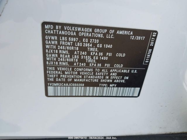 1V2MR2CA8JC550259 Volkswagen Atlas 3.6l V6 Sel