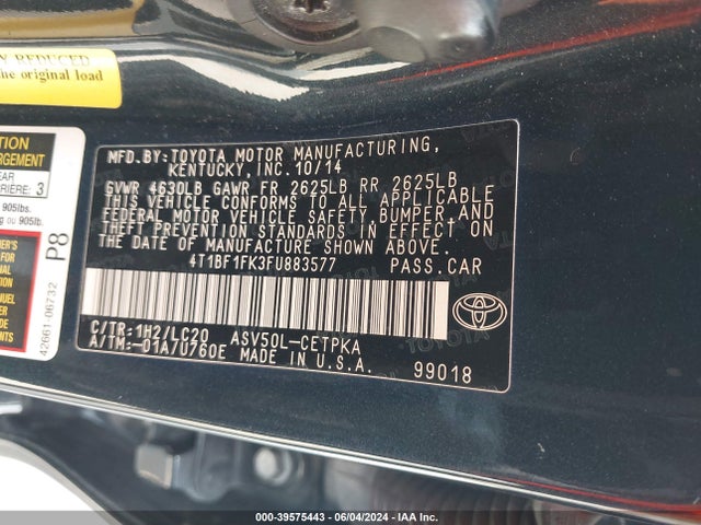 Toyota CAMRY XSE 2015 4T1BF1FK3FU883577 Image 9