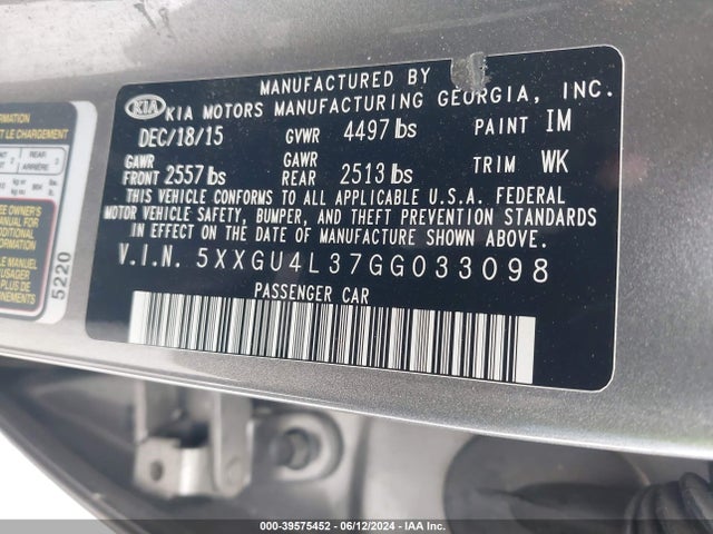 5XXGU4L37GG033098 KIA OPTIMA EX