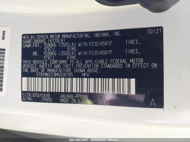 Toyota SIENNA XLE 2021 5TDYRKEC9MS026185 Image 9