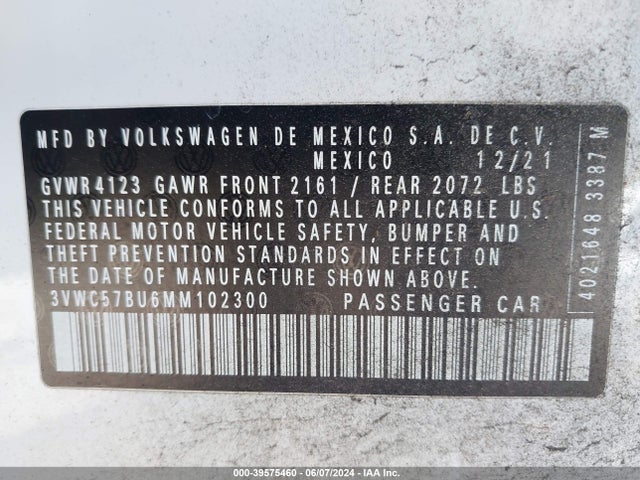 3VWC57BU6MM102300 Volkswagen Jetta 1.4t R-line/1.4t S/1.4t Se
