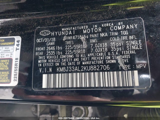 Hyundai TUCSON SEL 2019 KM8J33AL2KU882706 Image 9