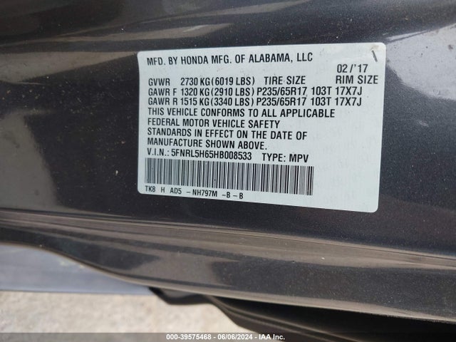 Honda Odyssey Ex-l 2017 5FNRL5H65HB008533 Image 9