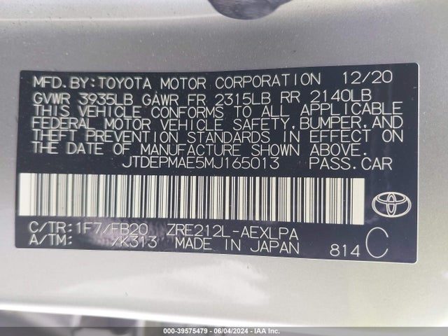 Toyota COROLLA LE 2021 JTDEPMAE5MJ165013 Image 9