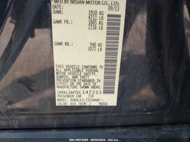 2014 Nissan Altima 2.5 Sl მანქანა იყიდება აუქციონზე, vin: 1N4AL3AP2EC147215, აუქციონის ნომერი: 39575489