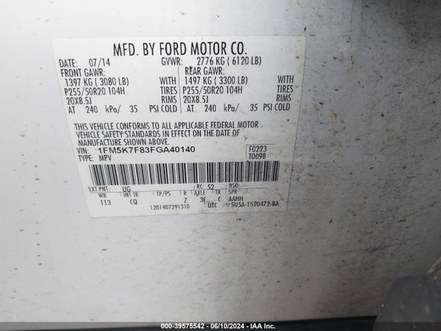 Ford Explorer Limited 2015 1FM5K7F83FGA40140 Image 9