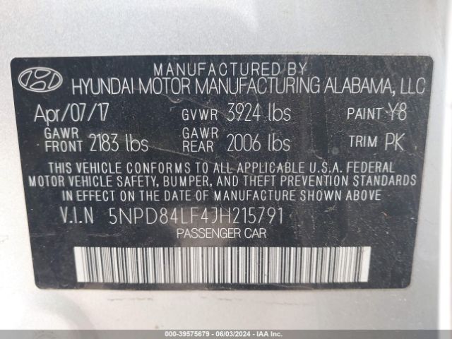 5NPD84LF4JH215791 Hyundai ELANTRA SEL