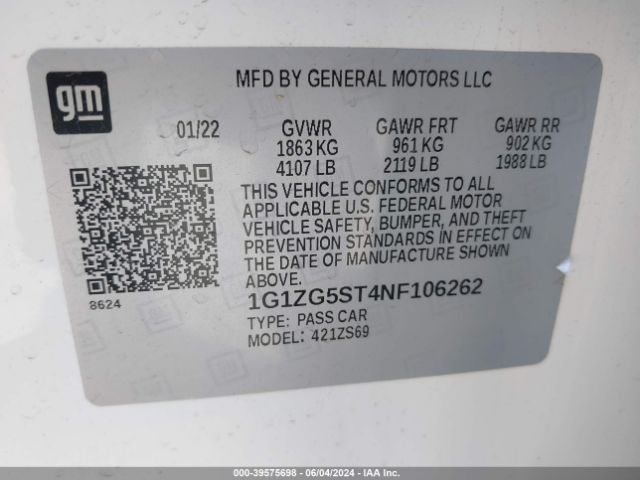 1G1ZG5ST4NF106262 Chevrolet Malibu Fwd Rs