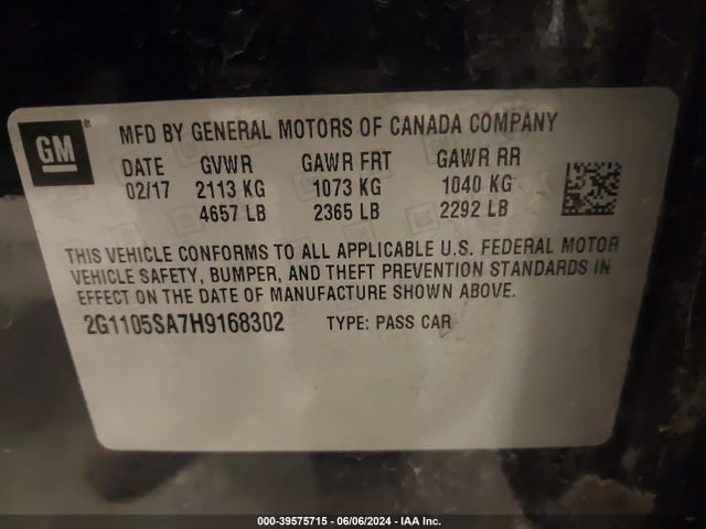 Chevrolet IMPALA 1LT 2017 2G1105SA7H9168302 Image 9