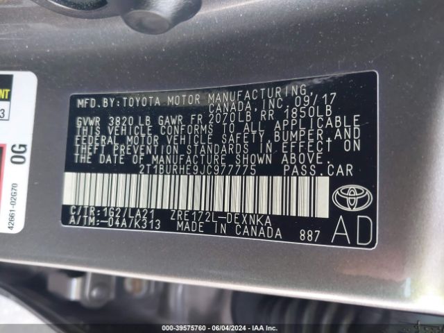 2T1BURHE9JC977775 Toyota Corolla Xle