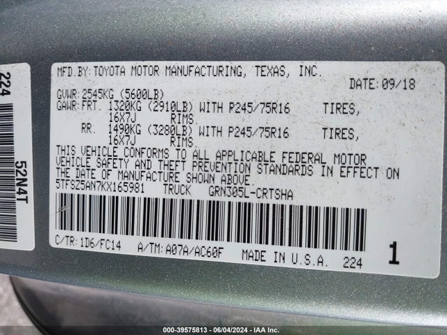Toyota Tacoma Sr5 V6 2019 5TFSZ5AN7KX165981 Image 9