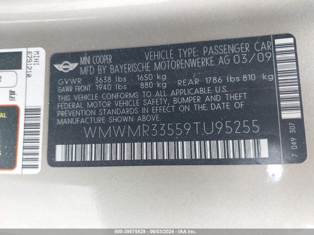 2009 MINI COOPER WMWMR33559TU95255 Photo 8