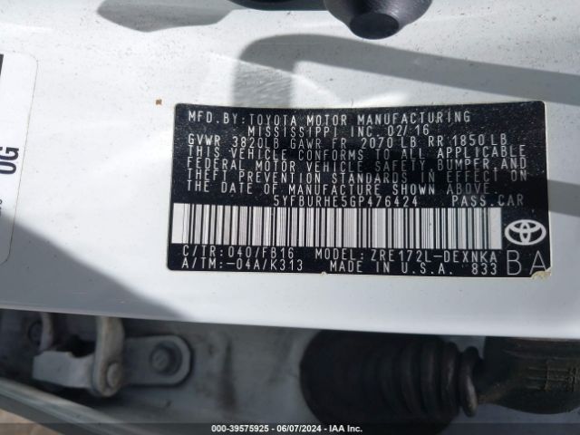 5YFBURHE5GP476424 Toyota COROLLA LE