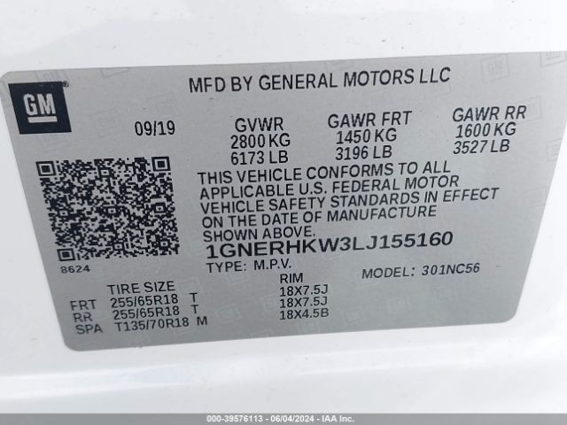 1GNERHKW3LJ155160 Chevrolet Traverse Fwd Lt Leather