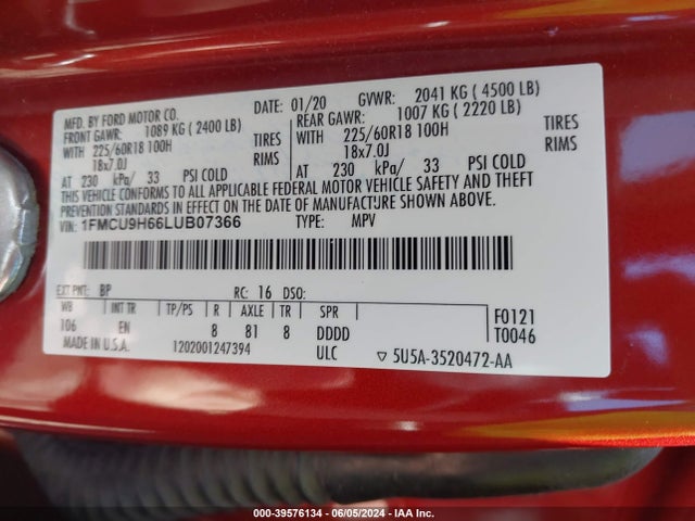 Ford ESCAPE SEL 2020 1FMCU9H66LUB07366 Image 9