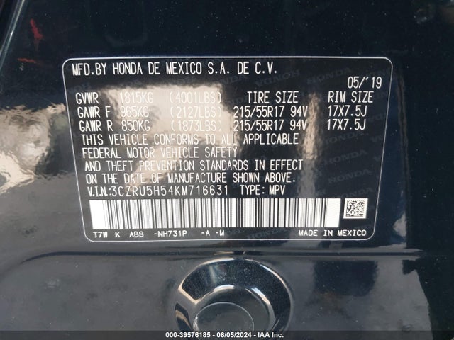 Honda HR-V EX 2019 3CZRU5H54KM716631 Image 9