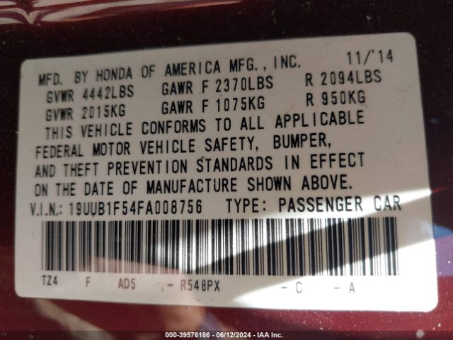 19UUB1F54FA008756 Acura TLX TECH