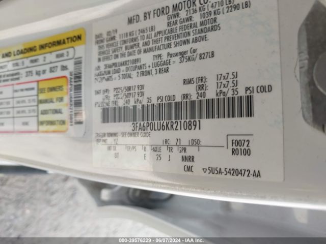 3FA6P0LU6KR210891 Ford Fusion Hybrid Se