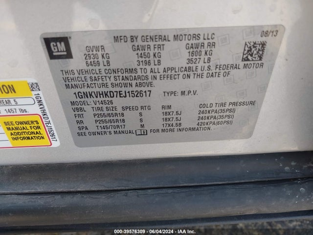 Chevrolet Traverse 2lt 2014 1GNKVHKD7EJ152617 Image 9