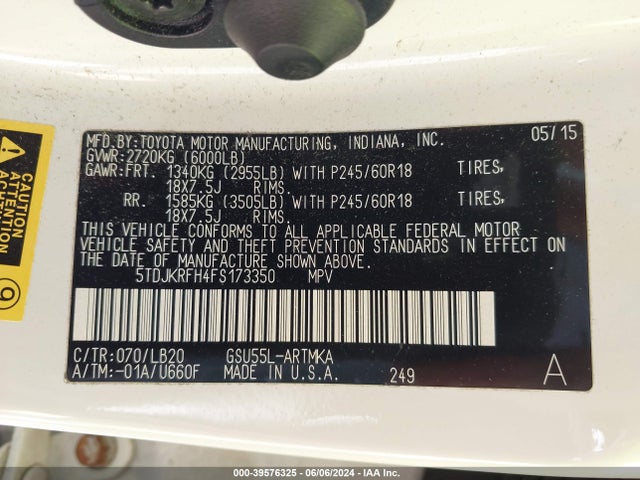 Toyota Highlander Xle V6 2015 5TDJKRFH4FS173350 Image 9