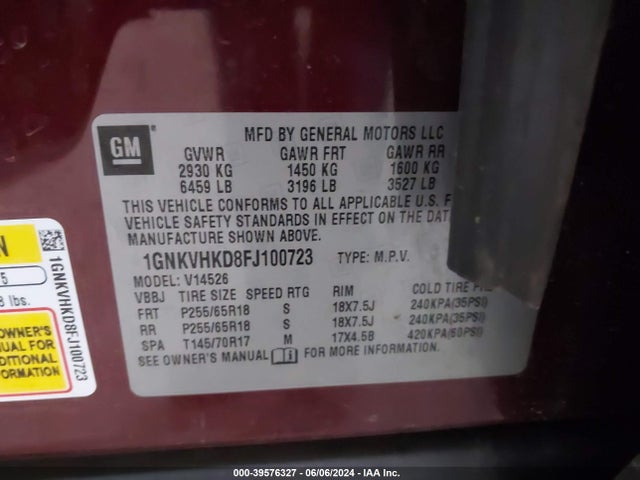 Chevrolet Traverse 2lt 2015 1GNKVHKD8FJ100723 Image 9