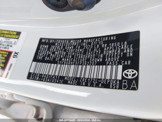 Toyota COROLLA L 2015 5YFBURHEXFP362207 Image 9