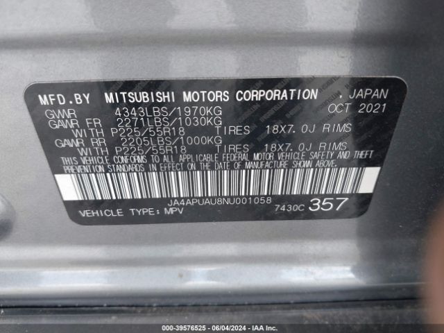 JA4APUAU8NU001058 Mitsubishi Outlander Sport 2.0 Be 2wd/2.0 Es 2wd/2.0 Le 2wd/2.0 S 2wd