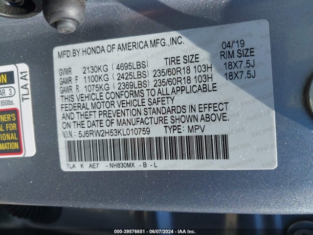 Honda CR-V EX 2019 5J6RW2H53KL010759 Image 9