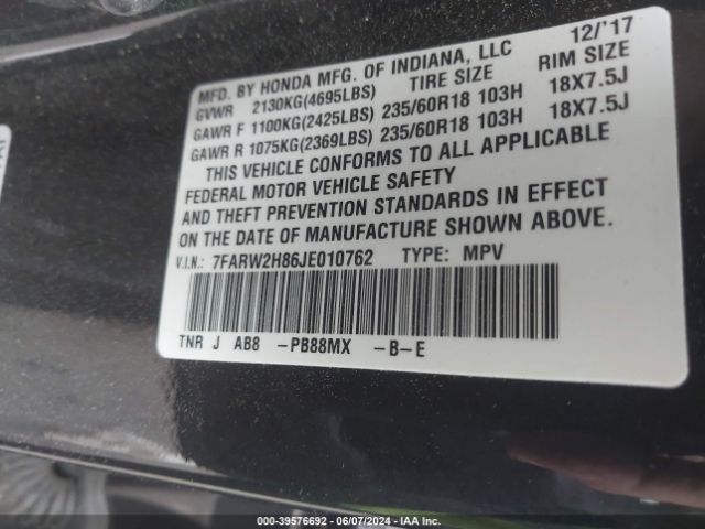 7FARW2H86JE010762 Honda Cr-v Ex-l/ex-l Navi