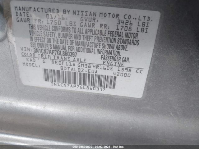3N1CN7AP7GL860397 Nissan Versa 1.6 S/1.6 S+/1.6 Sl/1.6 Sv