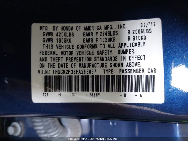Honda ACCORD LX 2017 1HGCR2F38HA265837 Image 9
