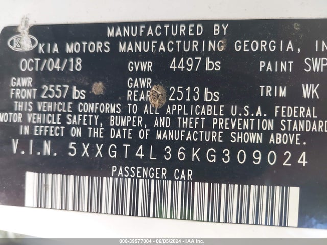 KIA Optima S 2019 5XXGT4L36KG309024 Image 9