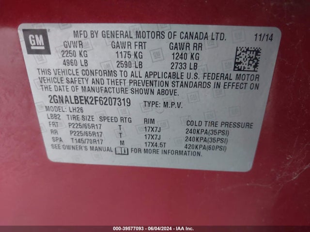 Chevrolet EQUINOX 1LT 2015 2GNALBEK2F6207319 Image 9