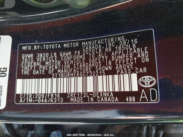 Toyota COROLLA LE 2016 2T1BURHE6GC732215 Image 9