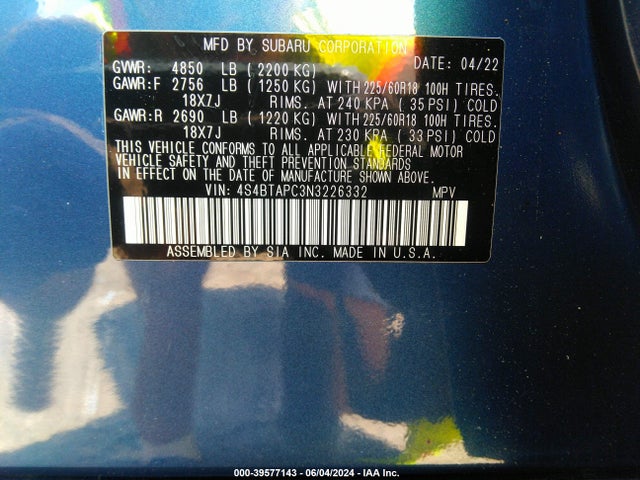 Subaru Outback Touring 2022 4S4BTAPC3N3226332 Image 9