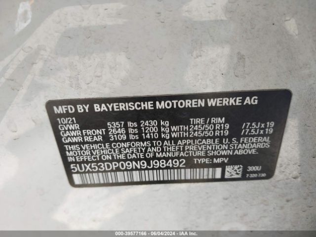 5UX53DP09N9J98492 BMW X3 Xdrive30i